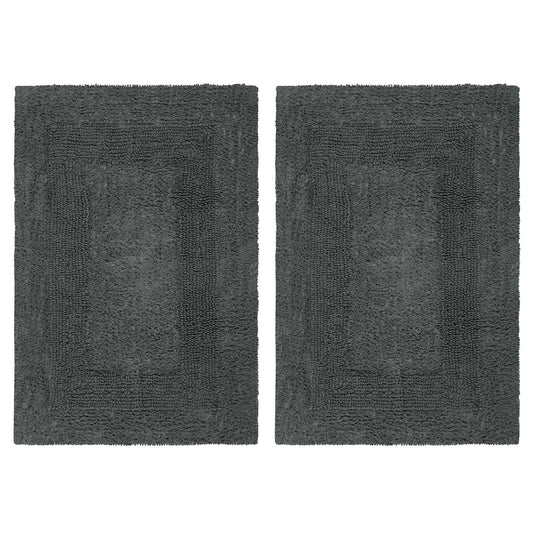 COTTON CRAFT Luxurious Bath Mat Rug - Set of 2 Reversible Heavyweight Step Out Bath Mats for Bathroom Floor, Tub and Shower - Pure Cotton Soft Plush Absorbent Hand Tufted Mat - 17 x 24 - Charcoal Grey