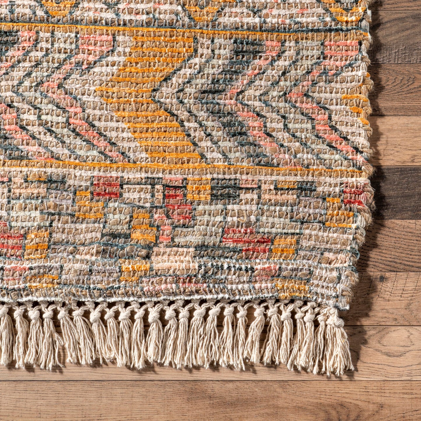 Nuloom Hermina Multicolor/Ivory, 6' Round, Handmade, Jute, Tribal, Tasseled, Soft and Textured, High Traffic, Stain Resistant, Easy Clean, Durable Runner for Bedroom, Living Room, Dining, Foyer