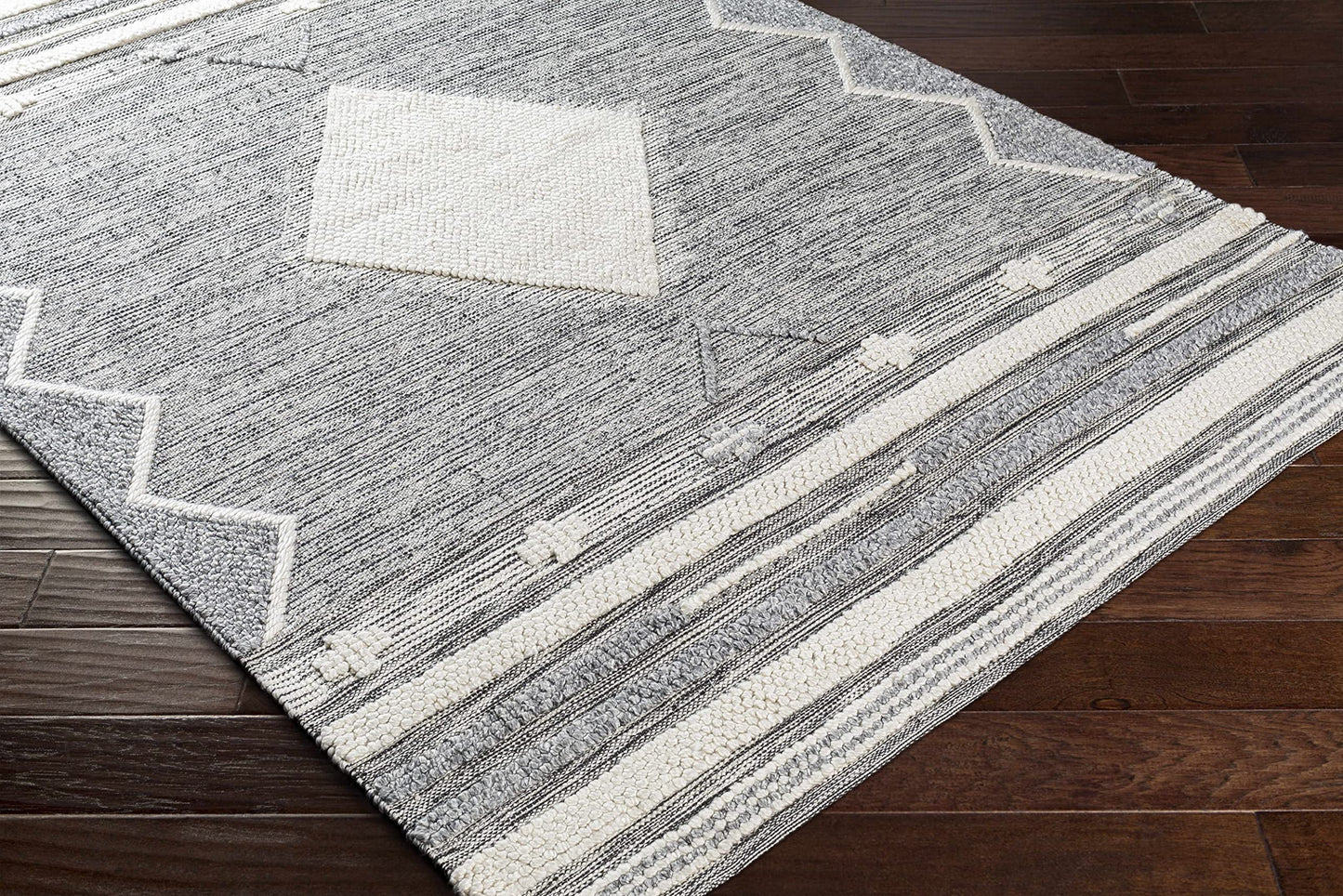 Hauteloom McDonald Recycled Material Area Rug - Geometric Diamond Border Striped Medallion - Bohemian Transitional Tribal Southwestern Navajo - Light Slate, Medium Gray, Black, Gray, Cream - 2' x 3'