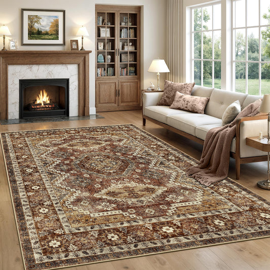 Rugland 8x10 Area Rugs - Stain Resistant Washable Rug, Anti Slip Backing Rugs for Living Room, Vintage Tribal Area Rugs (TPR07-Rust, 8'x10')