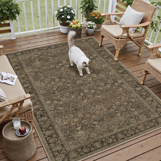 HUGEAR 4x6 Indoor/Outdoor Rug Brown Linen-Look Fabric Vintage Area Rug High Traffic Stain Resistant Easy Clean Durable Rugs for Living Kitchen Patio Deck Balcony Porch Garden Courtyard