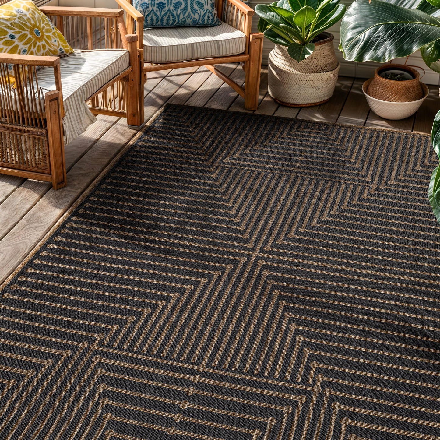 Rugshop Geometric Lines Indoor Outdoor Flat Woven Area Rug,Natural Jute-Style,Easy-Care Patio Rug for Backyard Porch Deck Balcony, 5' x 7' Dark Gray/Natural