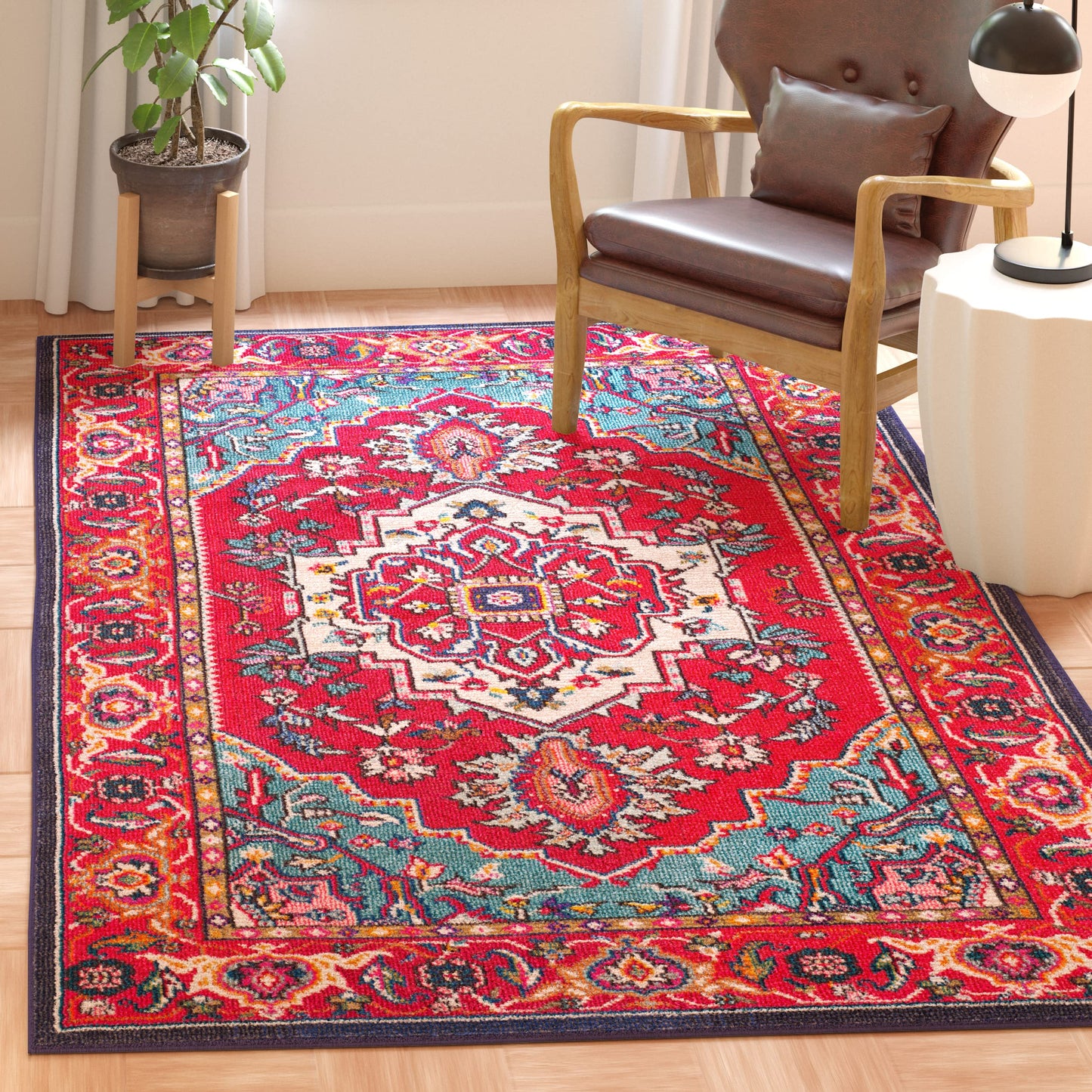 SAFAVIEH Monaco Collection Area Rug - 9' x 12', Red & Turquoise, Boho Oriental Medallion Design, Non-Shedding & Easy Care, Ideal for High Traffic Areas in Living Room, Bedroom (MNC207C)