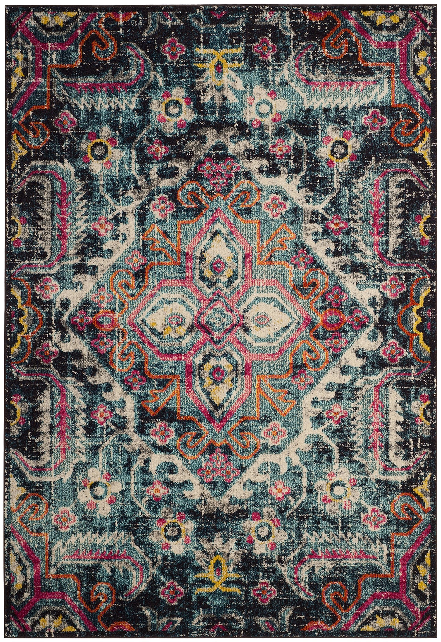 SAFAVIEH Monaco Collection Area Rug - 8' x 10', Blue & Fuchsia, Boho Chic Medallion Distressed Design, Non-Shedding & Easy Care, Ideal for High Traffic Areas in Living Room, Bedroom (MNC252J)
