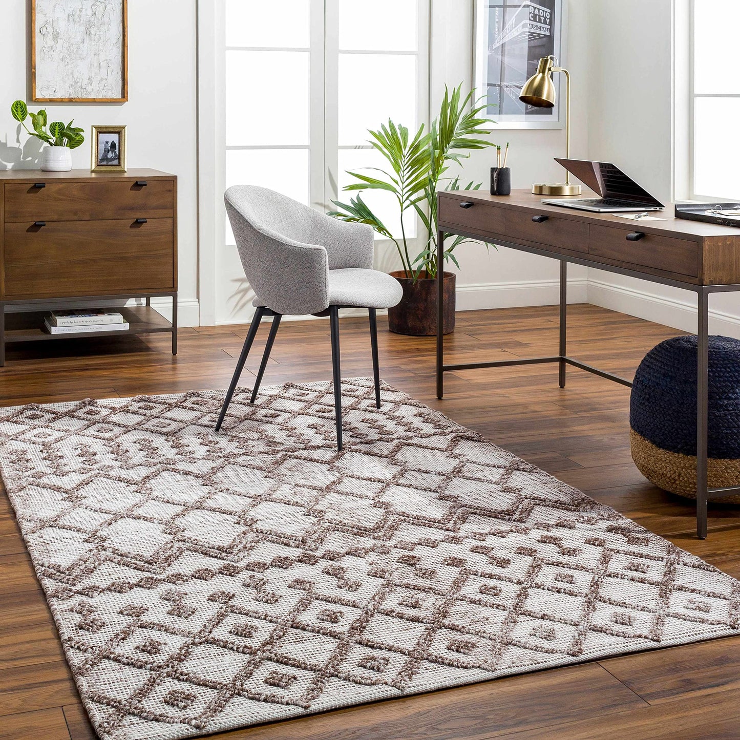 Hauteloom Elora Recycled Material Area Rug - Geometric Diamond Chevron Trellis Border - Bohemian Transitional Boho Moroccan Tribal - Off - White, Dark Red, Tan, Cream, Brown - 2' x 3'