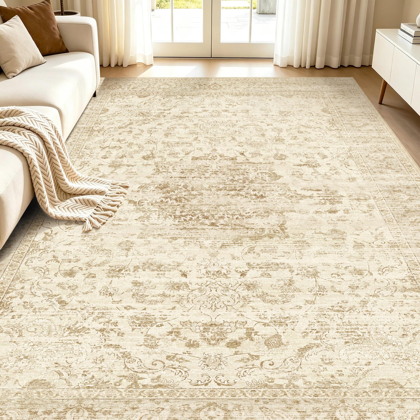 TTelephant Beige Washable Rugs 5x7, Neutral Vintage Boho Carpet for Bedroom, Living Room and Dining Room, Low Pile Nursery Area Rug with Non-Slip Silicone Backing, Non-Shedding