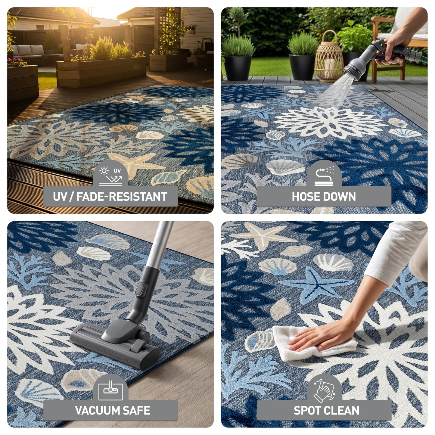 Rugshop Indoor/Outdoor High-Low Textured Area Rug, Coastal Floral, Easy-Clean Patio Rug for Porch Deck Balcony 5' x 7' Navy