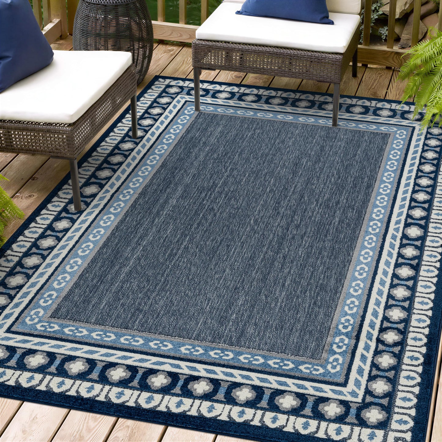 Rugshop Indoor/Outdoor High-Low Textured Area Rug, Coastal Border, Easy-Clean Patio Rug for Porch Deck Balcony 4' x 6' Navy