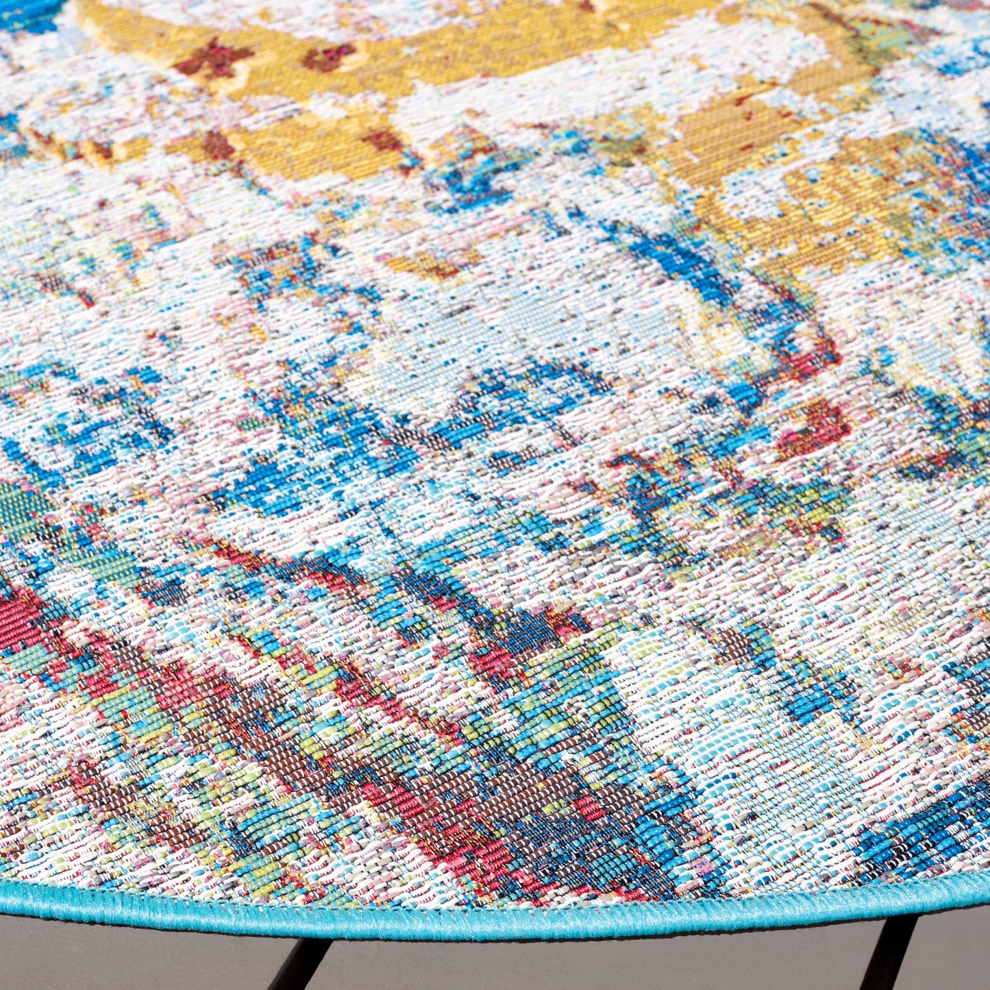 SAFAVIEH Washable Rug Outdoor Barbados Collection - 6'6" Round, Light Blue & Yellow Rust, Non-Shedding & Easy to Clean, Ideal for Patio, Backyard, Mudroom (BAR538J)