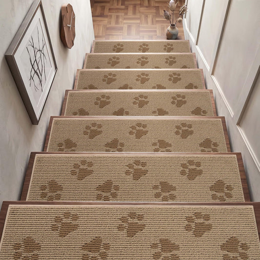 DEXDE Stair Treads for Wooden Steps Non-Slip 15pcs, 30"x8" Washable Stair Runners with Cat Paw Pattern, Non-Skid Safety Carpet Mats for Dogs and Kids, Reusable Indoor Stair Rugs for Home, Beige