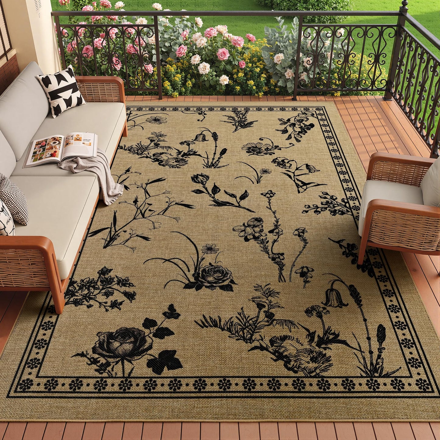 FALARK Easy Jute 4x6 Outdoor Patio Rug, Washable Rugs for Entryway Indoor Living Room Carpet, Farmhouse Neutral Non Slip Thin Beige Botanical Sketch Door Carpet for Backyard Bedroom Kitchen