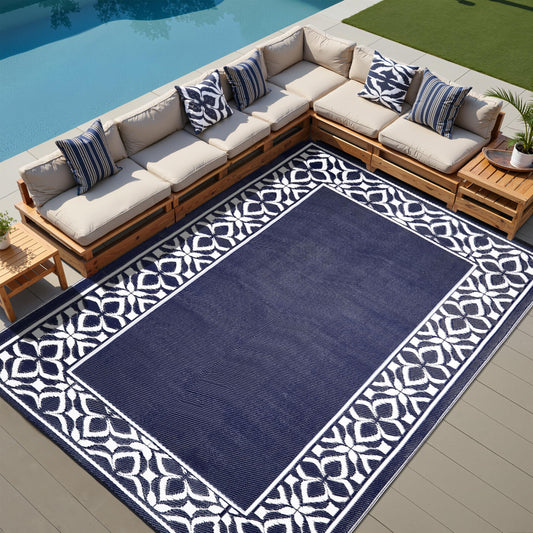 PureCozy Outdoor Plastic Straw Rug Navy Blue Large Outside Waterproof Outdoor Patio 8x10 Carpet Geometric Reversible Mat Modern for Camping RV Porch Deck Balcony Beach
