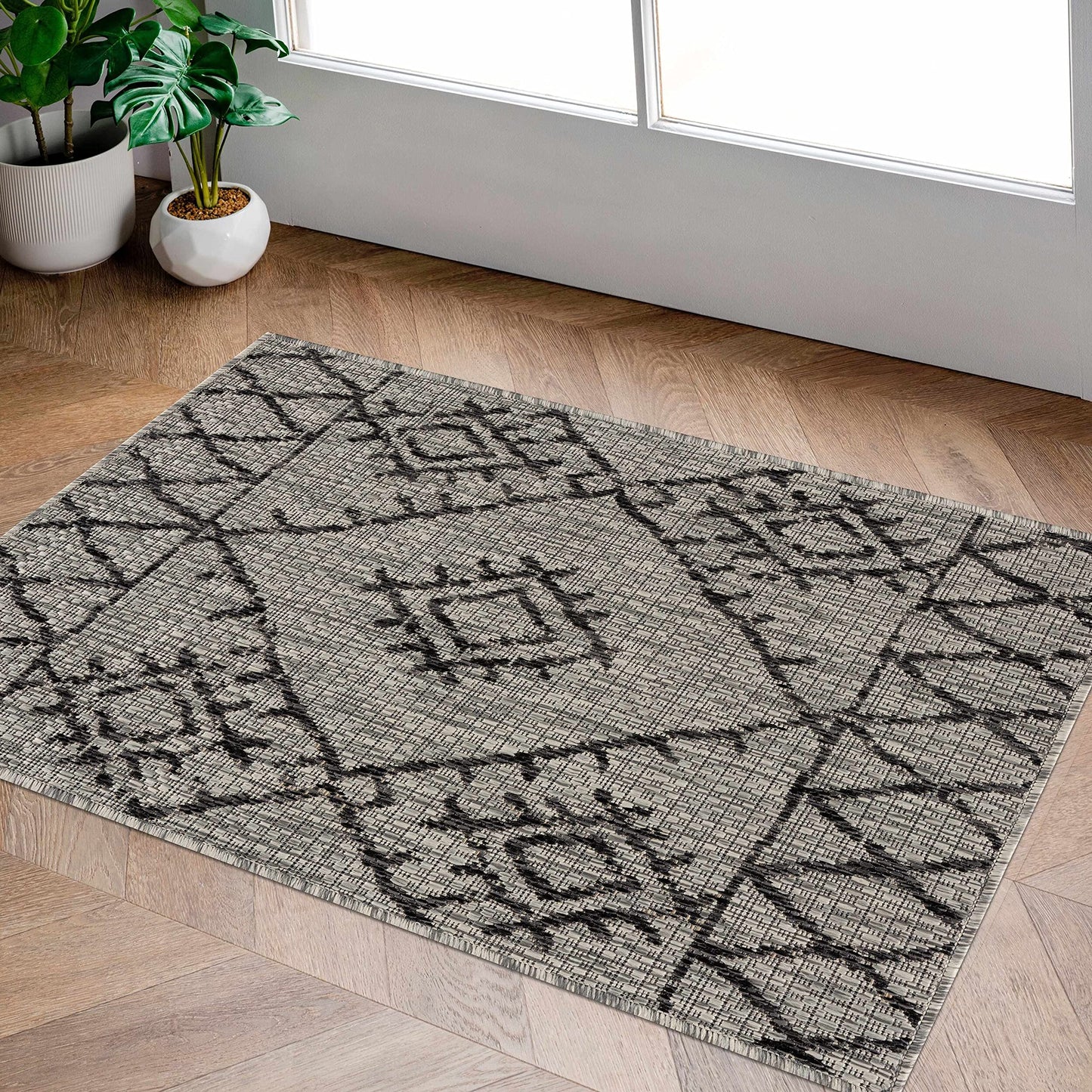 BoutiqueRugs Indoor/Outdoor Black Diamond 12ft Runner Rug Bohemian Taupe White Charcoal Tribal Trellis Marwood Hallway Kitchen Corridor Stairway Laundry Room 2'7" x 12' Stain Resistant Non-Shedding
