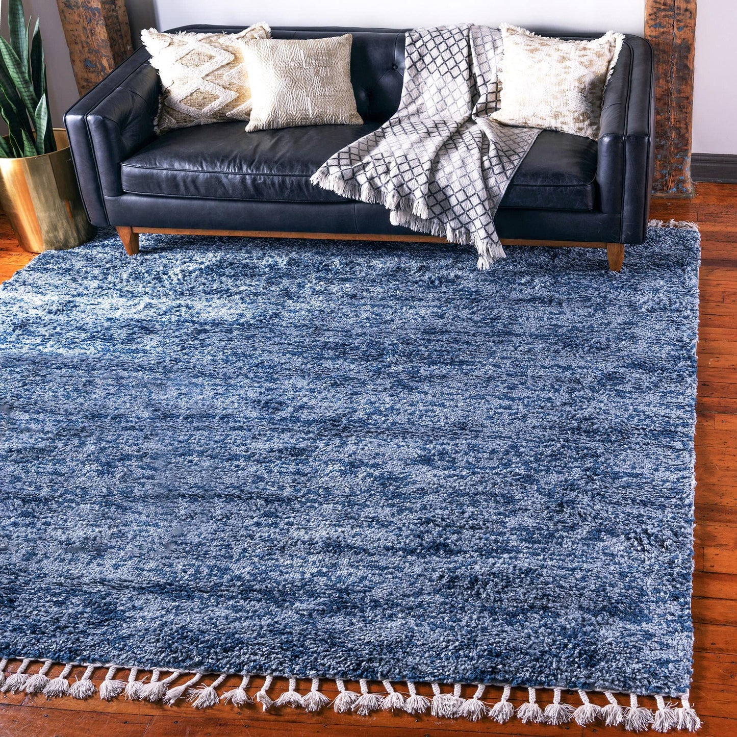 Rugs.com Athena Shag Collection Rug – 8' Square Blue Shag Rug Perfect for Living Rooms, Kitchens, Entryways