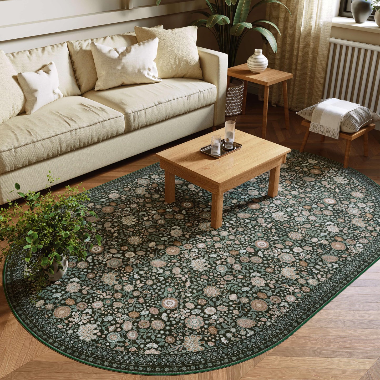 Clemile Floral Oval Rug 4x6 - Washable Ultra-Thin Living Room Rug Non-Slip Carpets - Soft & Stain Resistant Rug for Kitchen Bedroom Dining Room Indoor Nursery Dark Green