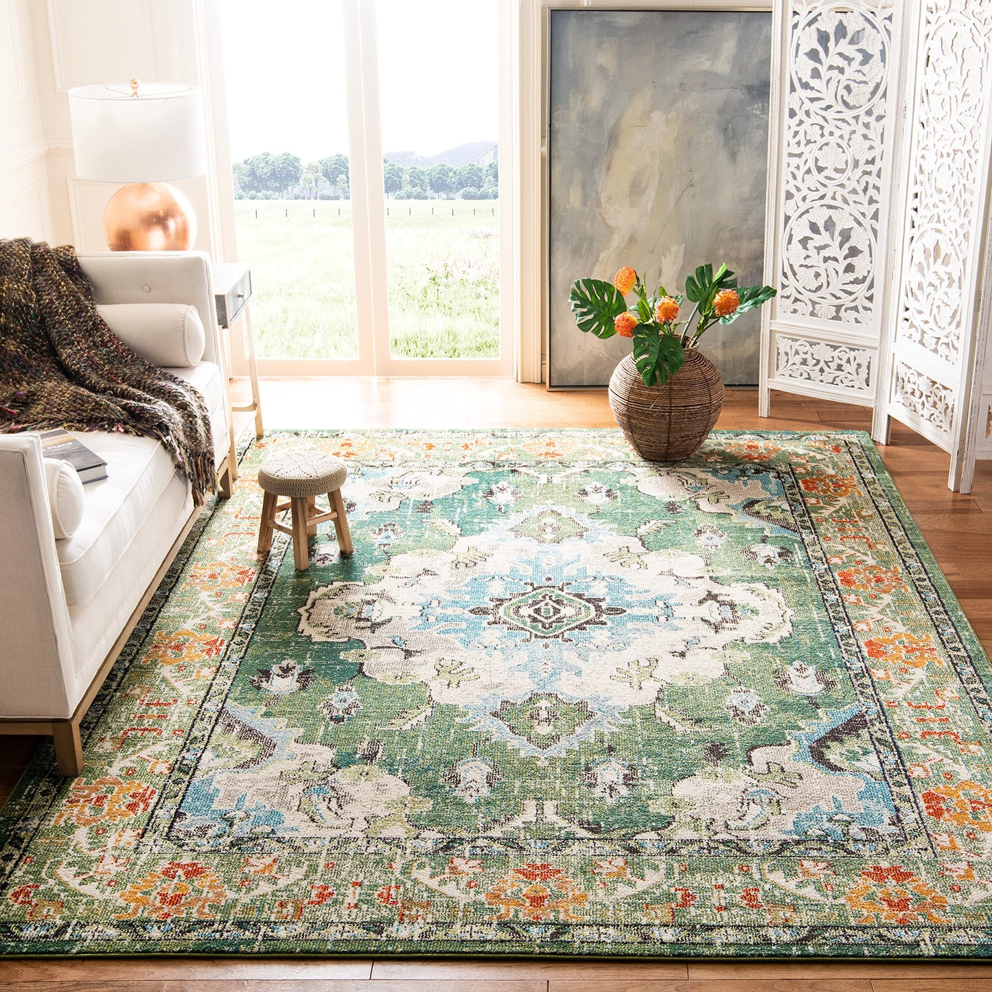 SAFAVIEH Monaco Collection Area Rug - 8' x 10', Forest Green & Light Blue, Non-Shedding & Easy to Clean, Distressed Medallion Design, Ideal for Living Room, Bedroom, Dining Space (MNC243F)