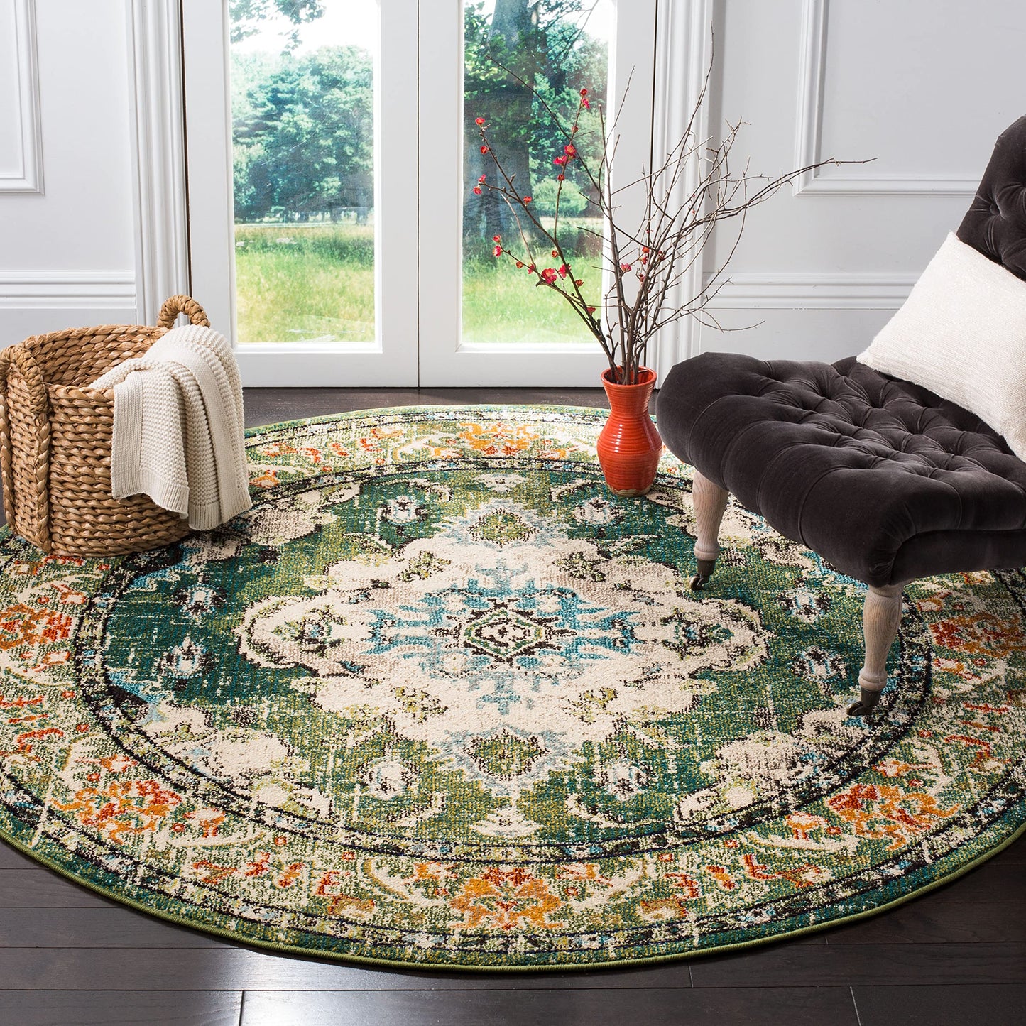 SAFAVIEH Monaco Collection Area Rug - 8' Round, Forest Green & Light Blue, Non-Shedding & Easy to Clean, Distressed Medallion Design, Ideal for Living Room, Bedroom, Dining Space (MNC243F)