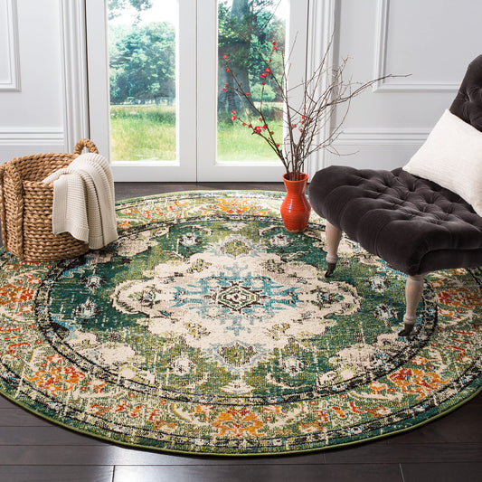 SAFAVIEH Monaco Collection Area Rug - 8' Round, Forest Green & Light Blue, Non-Shedding & Easy to Clean, Distressed Medallion Design, Ideal for Living Room, Bedroom, Dining Space (MNC243F)