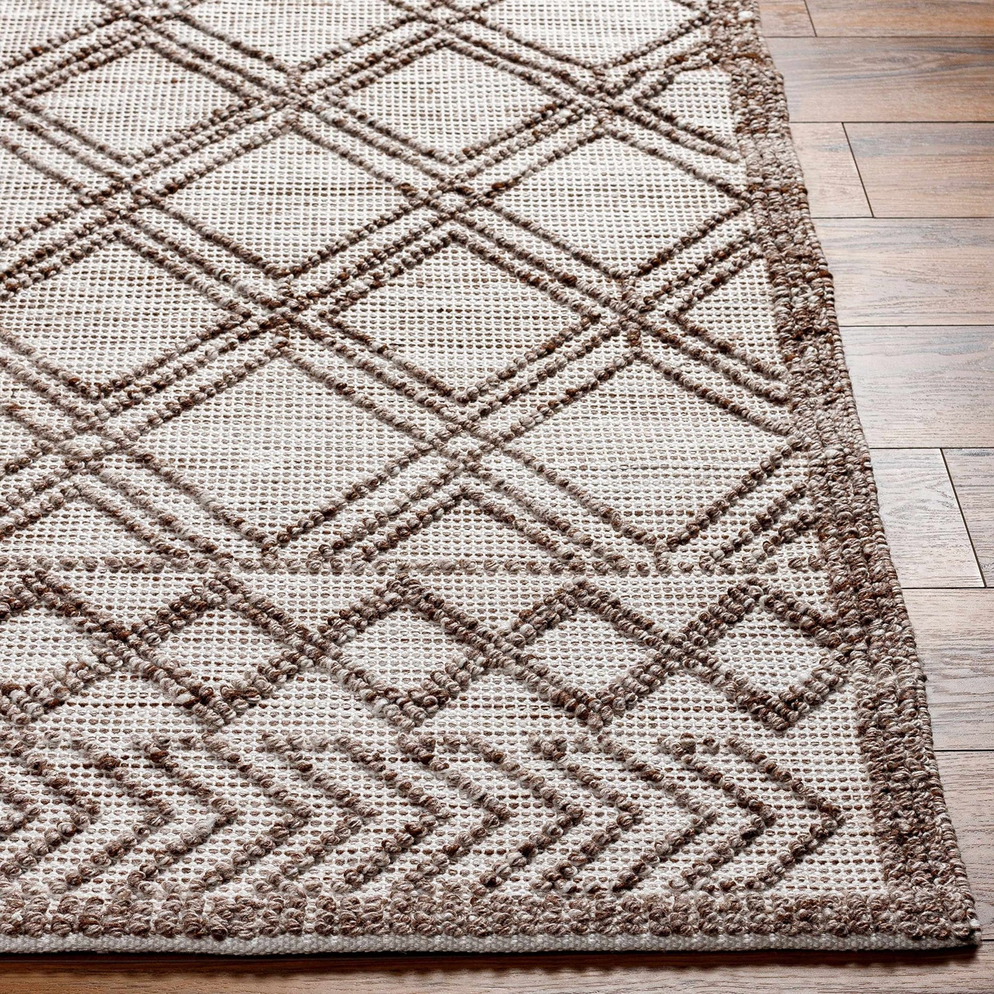 Hauteloom Whitney Recycled Material Area Rug - Geometric Diamond Trellis Lattice Border - Bohemian Transitional Moroccan Boho Tribal - Beige, Dark Brown, Cream, Brown, Taupe - 5' x 7'6"
