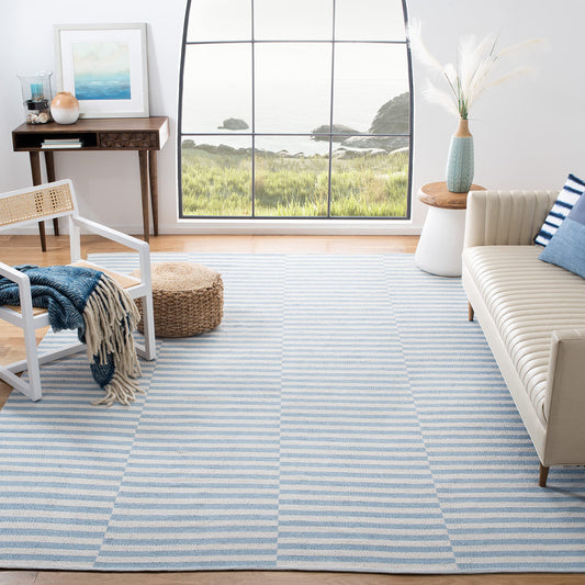 SAFAVIEH Montauk Collection Area Rug - 9' x 12', Ivory & Light Blue, Handmade Stripe Cotton, Ideal for High Traffic Areas in Living Room, Bedroom (MTK715B)