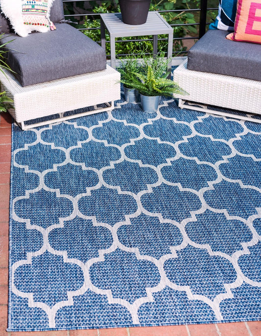 Unique Loom Outdoor Trellis Collection Area Rug (6' 1" x 9' Rectangle, Navy Blue/ Ivory)