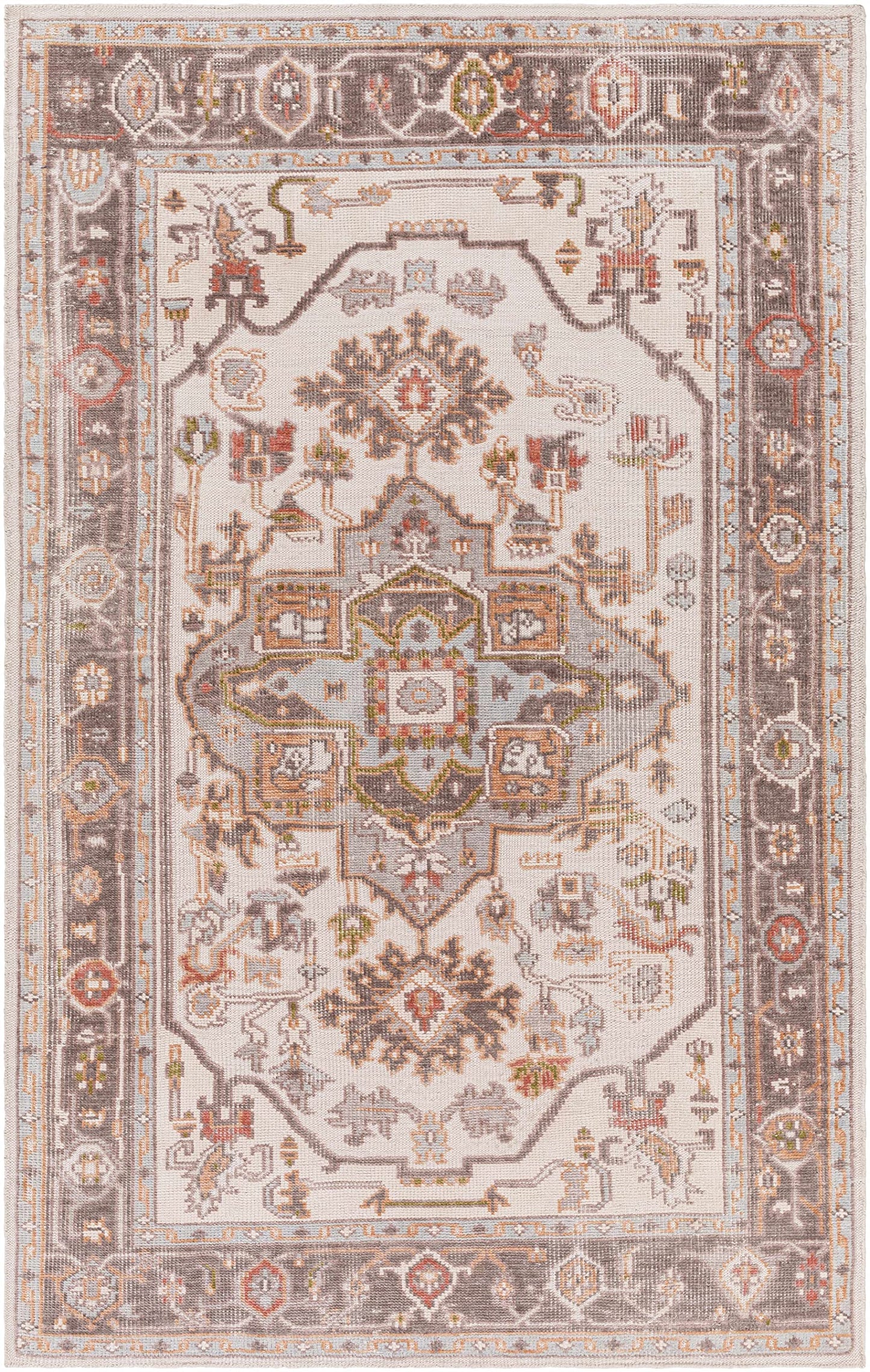 Hauteloom Hinapalanan Recycled Material Area Rug - Medallion Border Floral Geometric Distressed - Traditional Oriental Transitional - Medium Gray, Light Gray, Charcoal, Cream, Brown - 2' x 3'