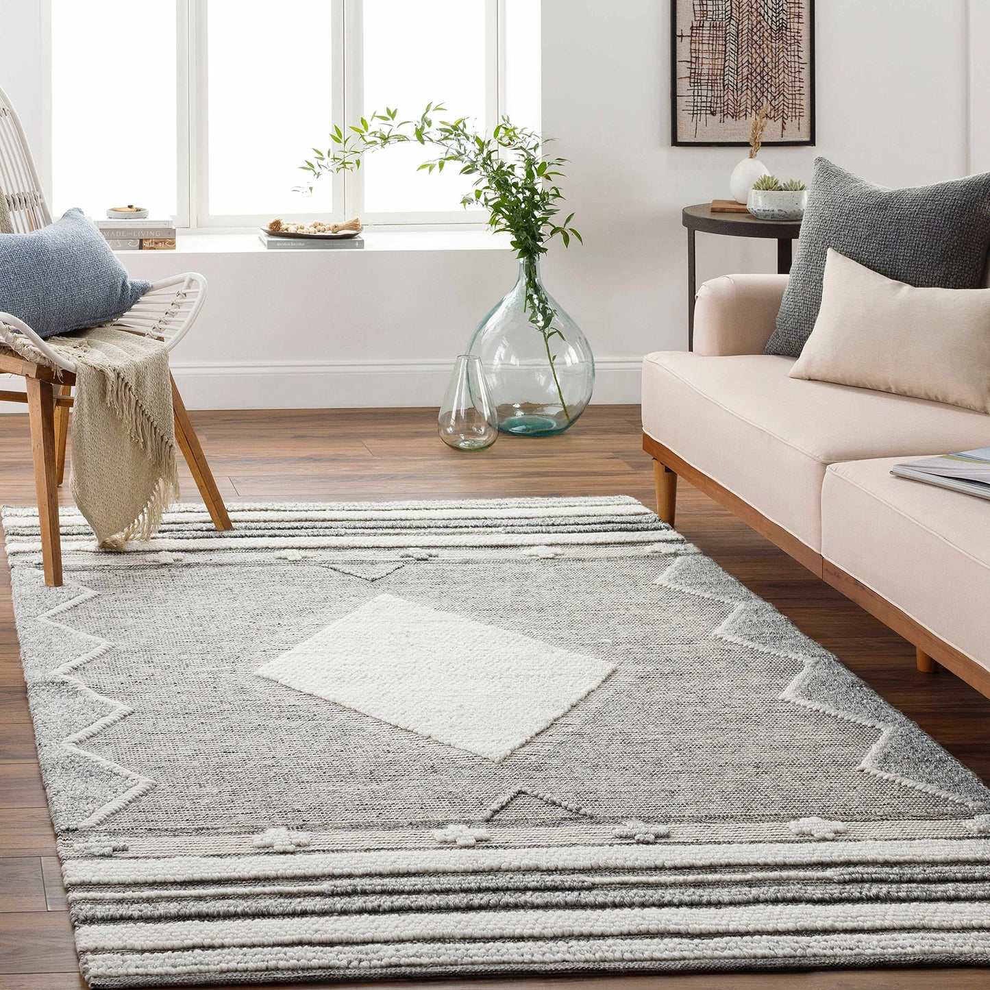 Hauteloom McDonald Recycled Material Area Rug - Geometric Diamond Border Striped Medallion - Bohemian Transitional Tribal Southwestern Navajo - Light Slate, Medium Gray, Black, Gray, Cream - 2' x 3'