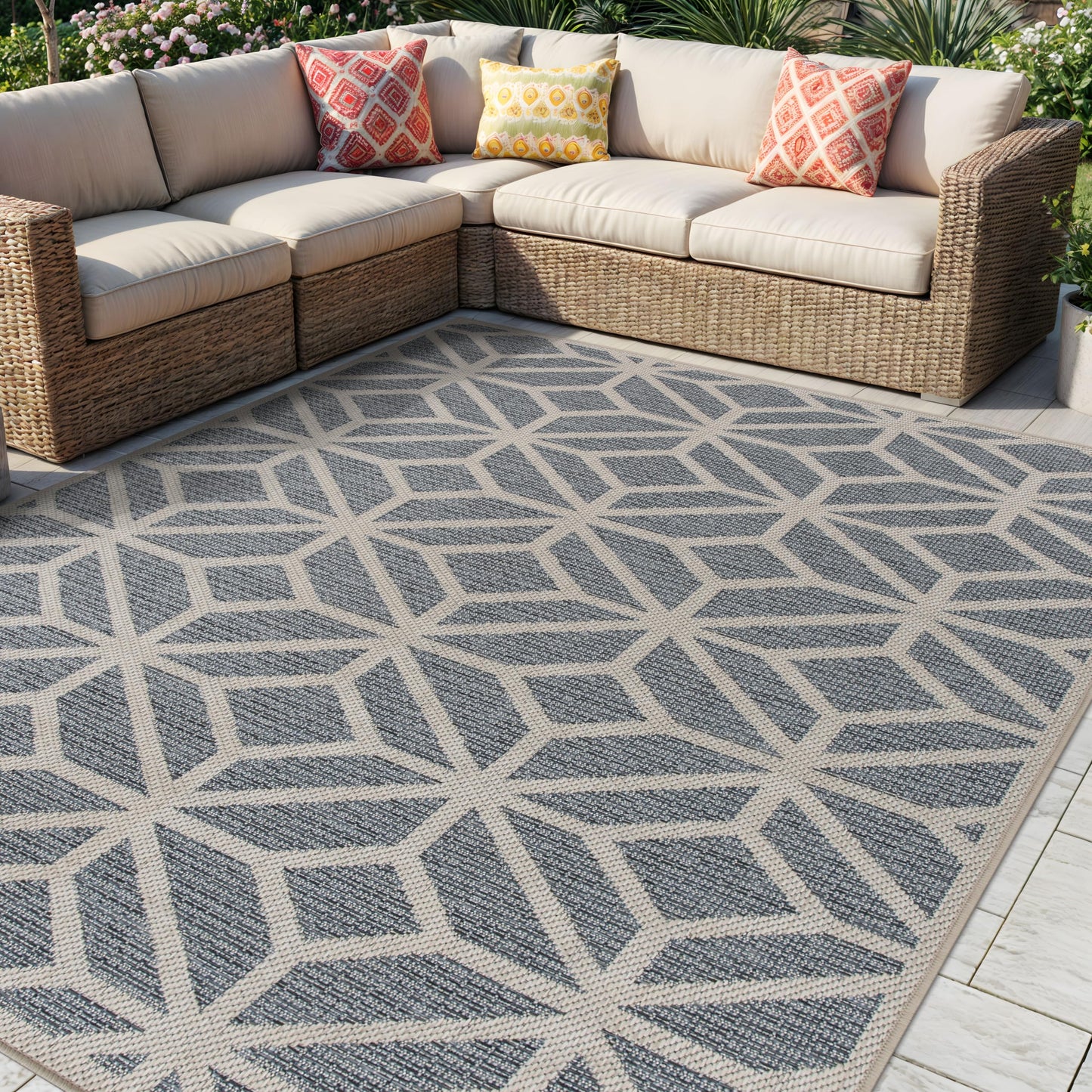 Rugshop Blue Contemporary Geometric Indoor/Outdoor Area Rug — Hose Washable for Living Room, Dining Room and Office, 6'6" x 9'