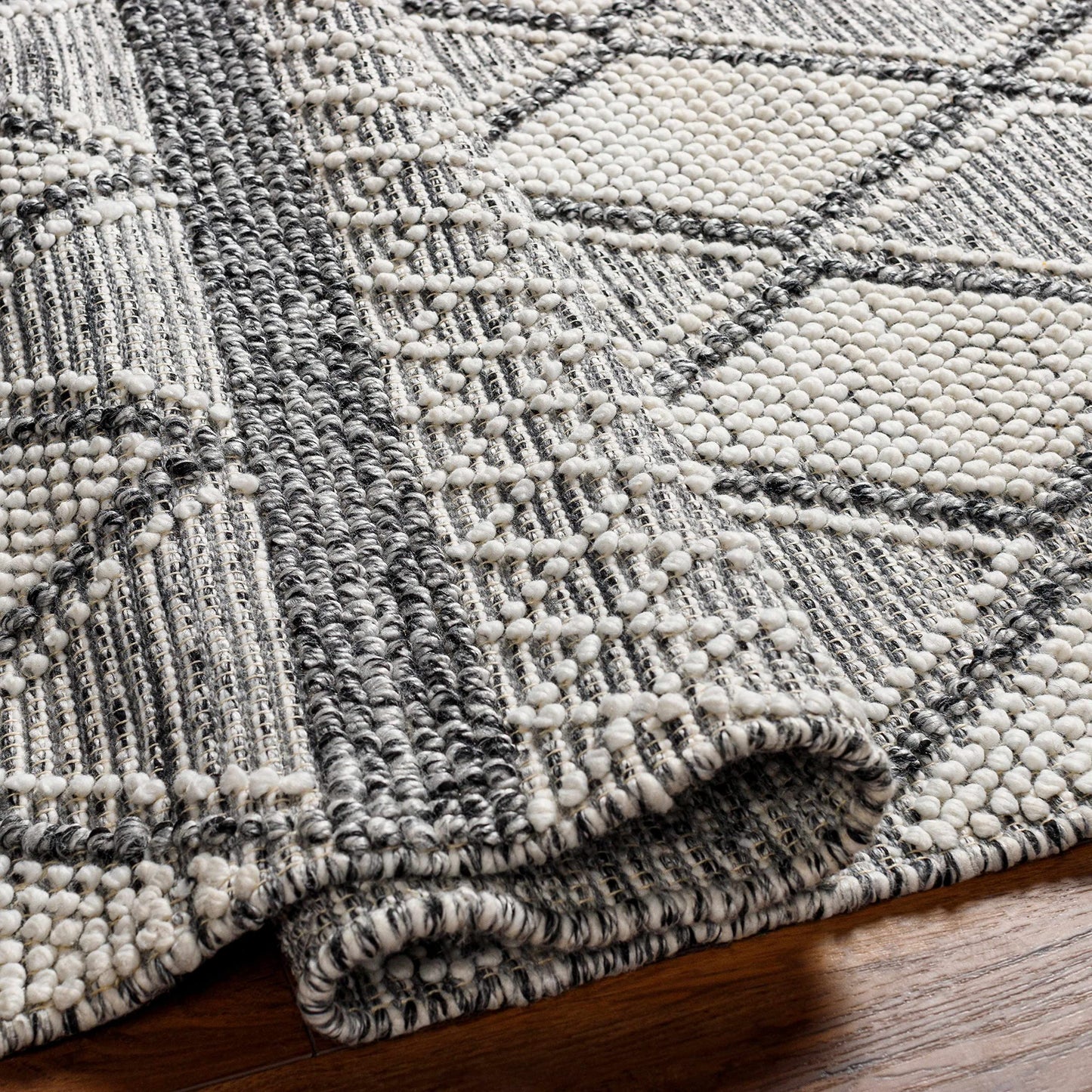 Hauteloom Rehn Recycled Material Area Rug - Geometric Diamond Trellis Striped Triangle - Bohemian Transitional Boho Moroccan Tribal - White, Black, Light Slate, Gray, Cream - 27" x 45"
