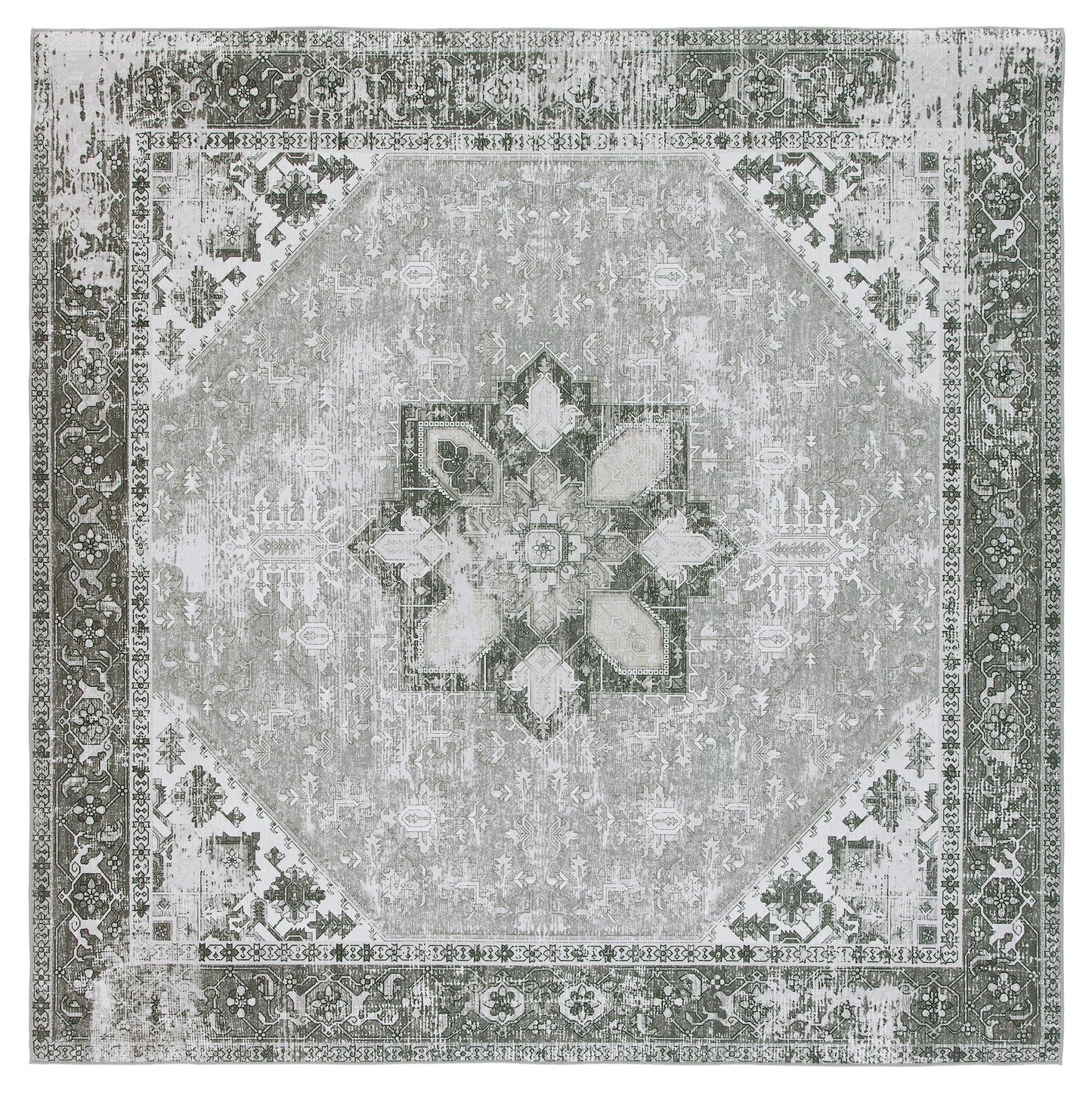 SAFAVIEH Washable Rug Tucson Collection - 5' Square, Dark Sage & Ivory, Slip Resistant & Easy to Clean, Ideal for Living Room, Bedroom, Dining Space (TSN102F)