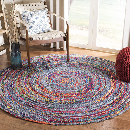 SAFAVIEH Braided Collection Area Rug - 6' Round, Blue & Red, Handmade Woven Cotton, Boho Reversible Style, Ideal for Living Room, Bedroom, Dining Space (BRD250L)