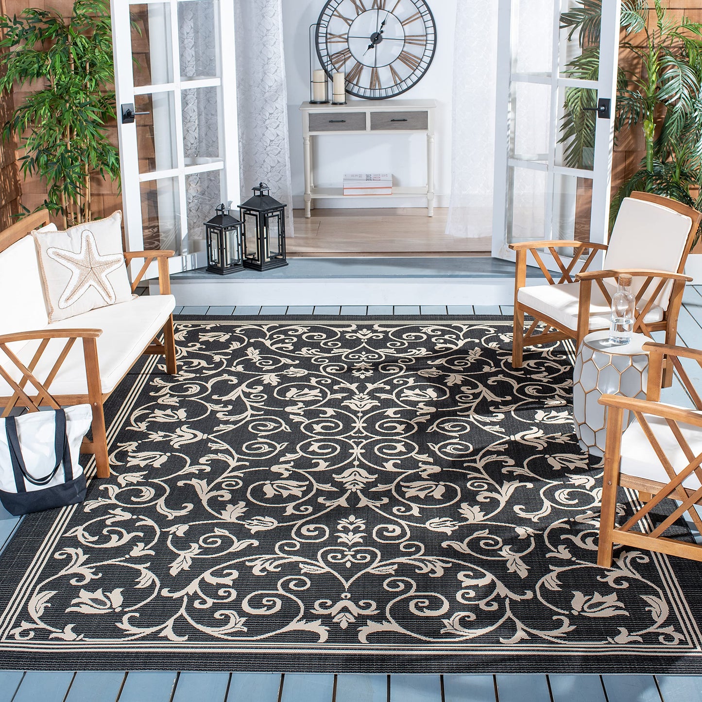 SAFAVIEH Courtyard Collection 6'7' x 9'6' Black / Sand CY2098 Scroll Indoor/ Outdoor Patio Backyard Mudroom Area-Rug