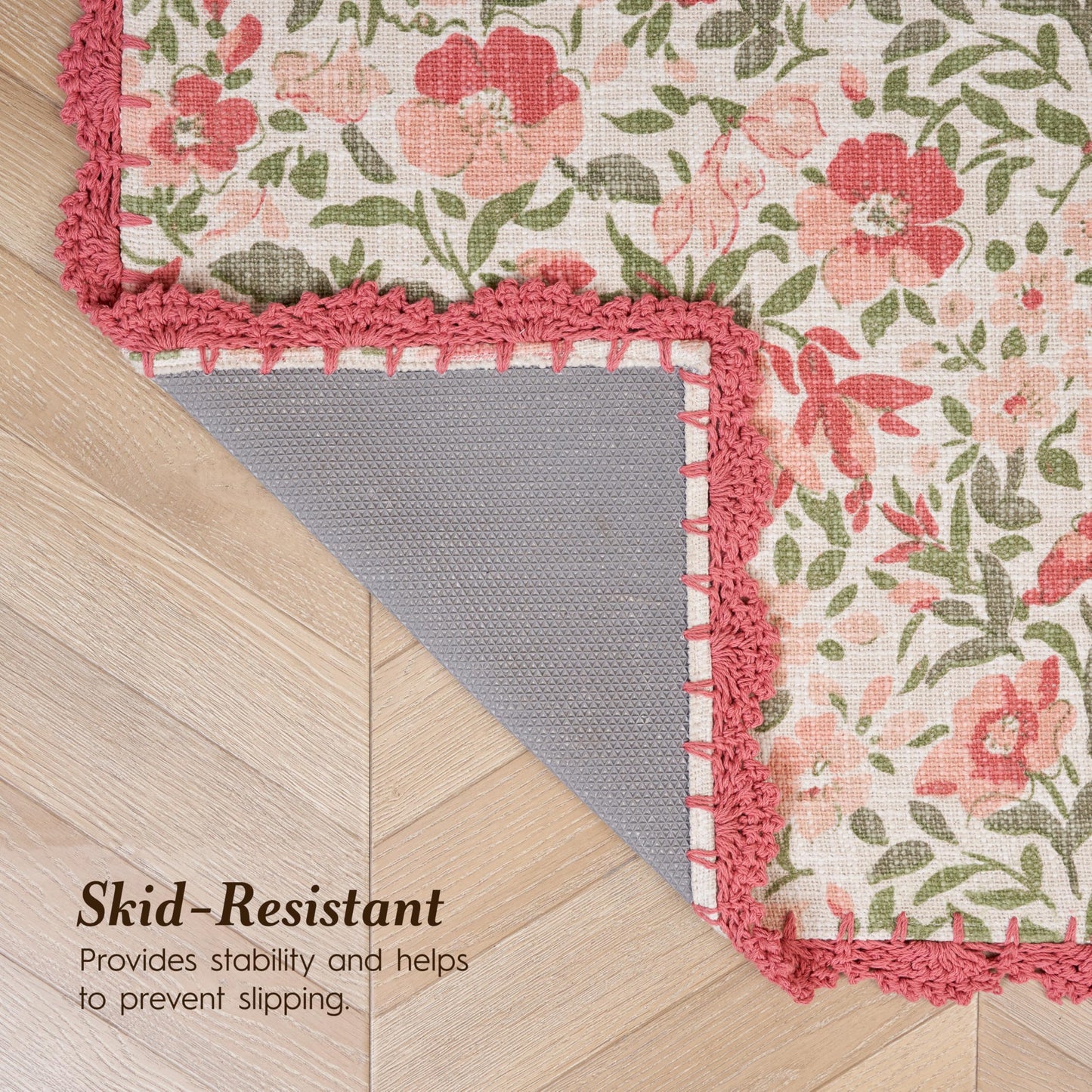 Laura Ashley Cotton Crochet Border Sherston Coral Pink Floral Machine Washable & Slip Resistant 1'8" x 5' Runner Rug