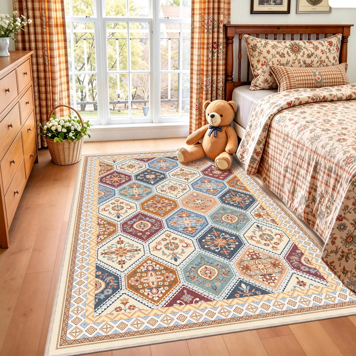 TTelephant 4x6 Area Rug, Soft Non-Slip Boho Moroccan Rug, Low-Pile Printed Indoor Washable Area Rugs for Living Room, Bedroom Bedside, Entryway, Kitchen - Multi