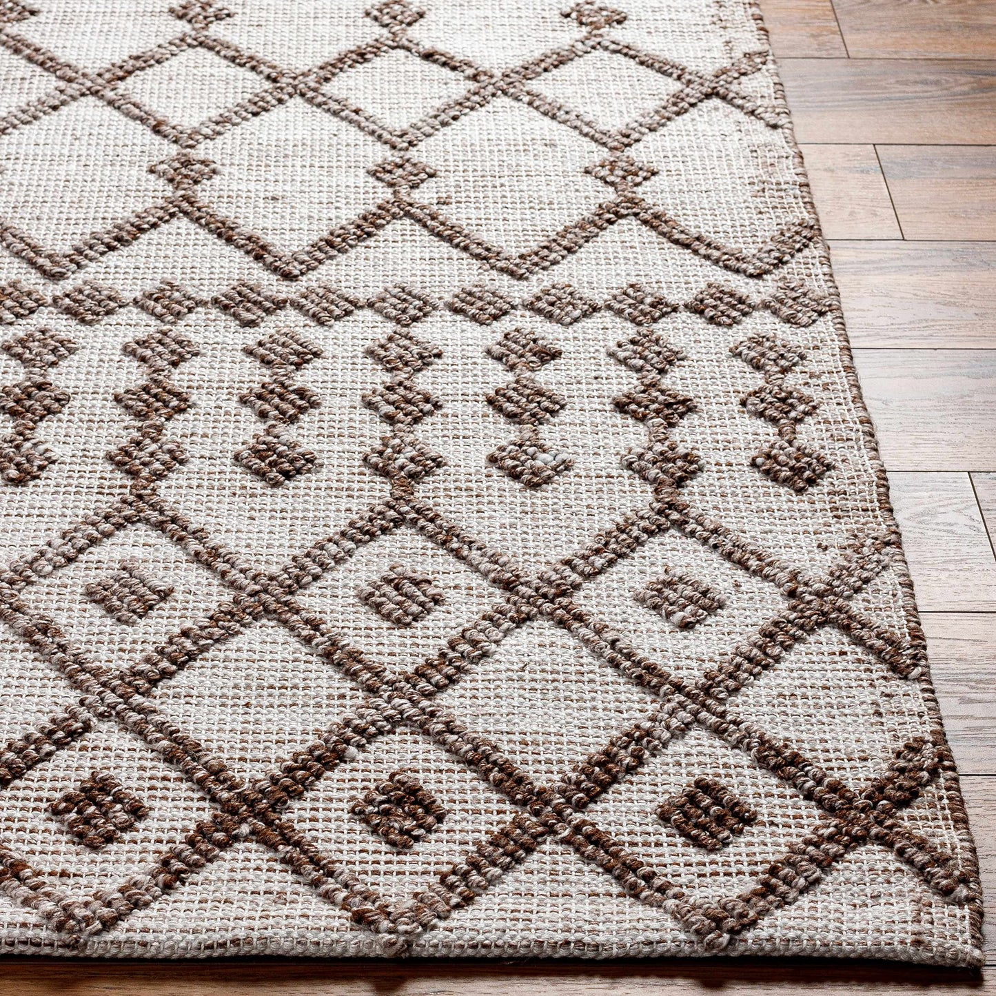 Hauteloom Elora Recycled Material Area Rug - Geometric Diamond Chevron Trellis Border - Bohemian Transitional Boho Moroccan Tribal - Off - White, Dark Red, Tan, Cream, Brown - 2' x 3'
