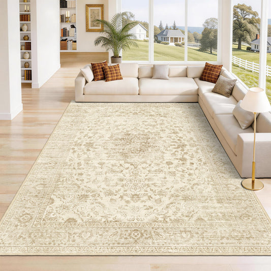 TTelephant Beige Living Room Rugs 8x10, Neutral Vintage Boho Carpet for Bedroom and Dining Room, Low Pile Nursery Indoor Area Rug with Non-Slip Silicone Backing, Non-Shedding