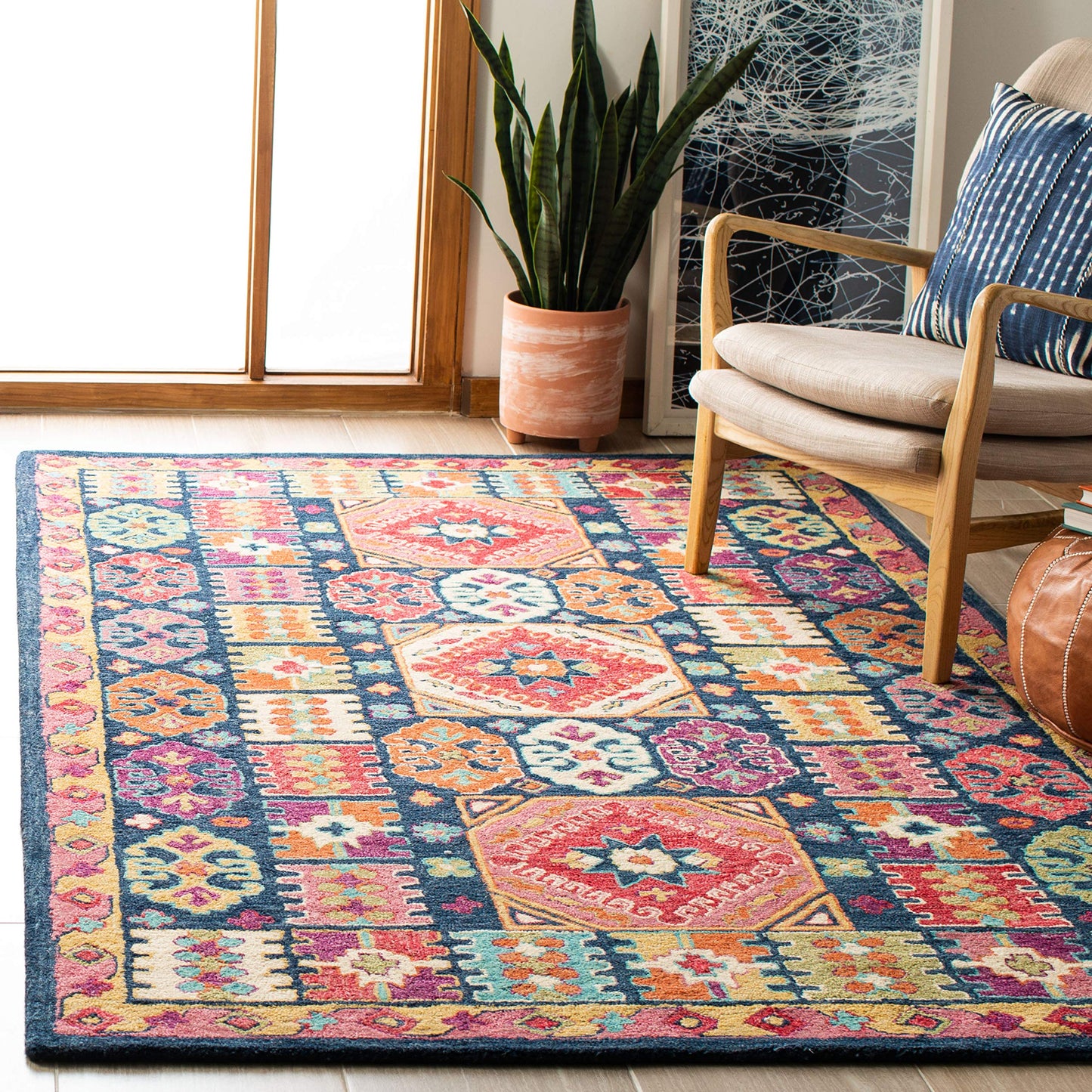 SAFAVIEH Aspen Collection Area Rug - 5' x 8', Blue & Red, Handmade Boho Wool, Ideal for High Traffic Areas in Living Room, Bedroom (APN518M)