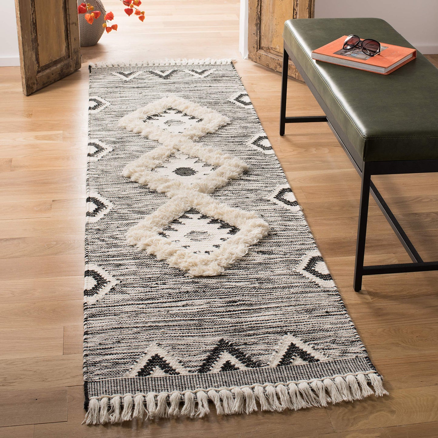 SAFAVIEH Kenya Collection Runner Rug - 2'3" x 8', Black & Ivory, Hand-Knotted Moroccan Tribal Tassel Wool, Ideal for High Traffic Areas in Living Room, Bedroom (KNY906H)