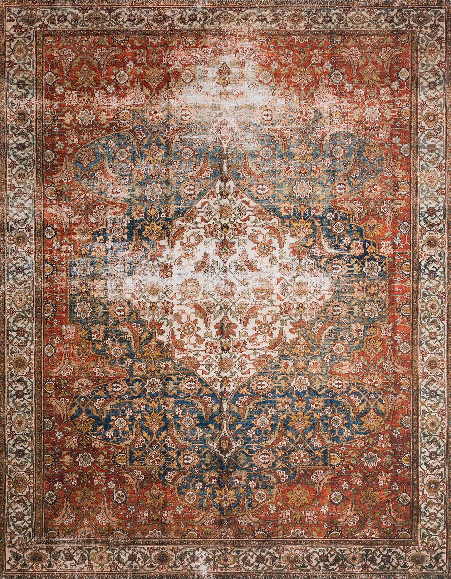 Loloi Layla Collection LAY-05 Ocean/Multi 7'-6" x 9'-6" .13" Thick Area Rug, Soft, Durable, Vintage Inspired, Distressed, Low Pile, Non-Shedding, Easy Clean, Printed, Living Room Rug
