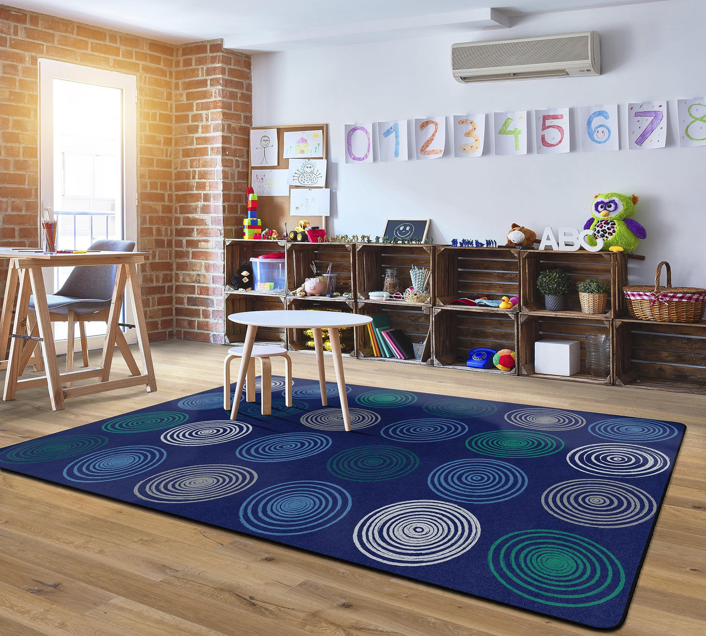 Flagship Carpets Circles Abstract Educational Area Rug for Kids Room Seating Décor, Children's Classroom, Play Carpet for Teaching and Playroom, Seats 24, 7'6" x 12', Cool Blue