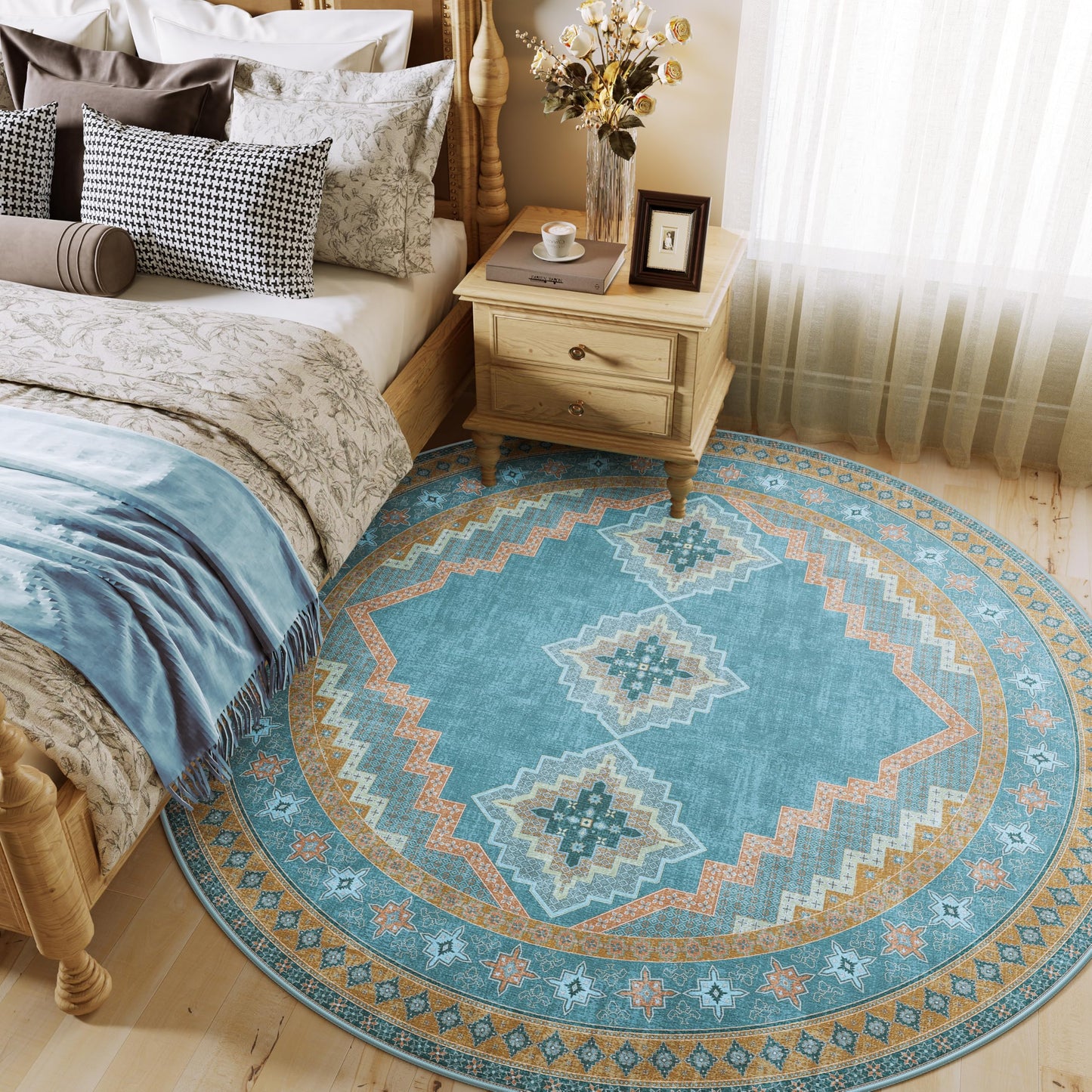 Clemile 6x6 Round Area Rug - Washable Ultra-Thin Living Room Rug Vintage Non-Slip Carpets - Soft & Stain Resistant Rug for Kitchen Bedroom Dining Room Blue Yellow