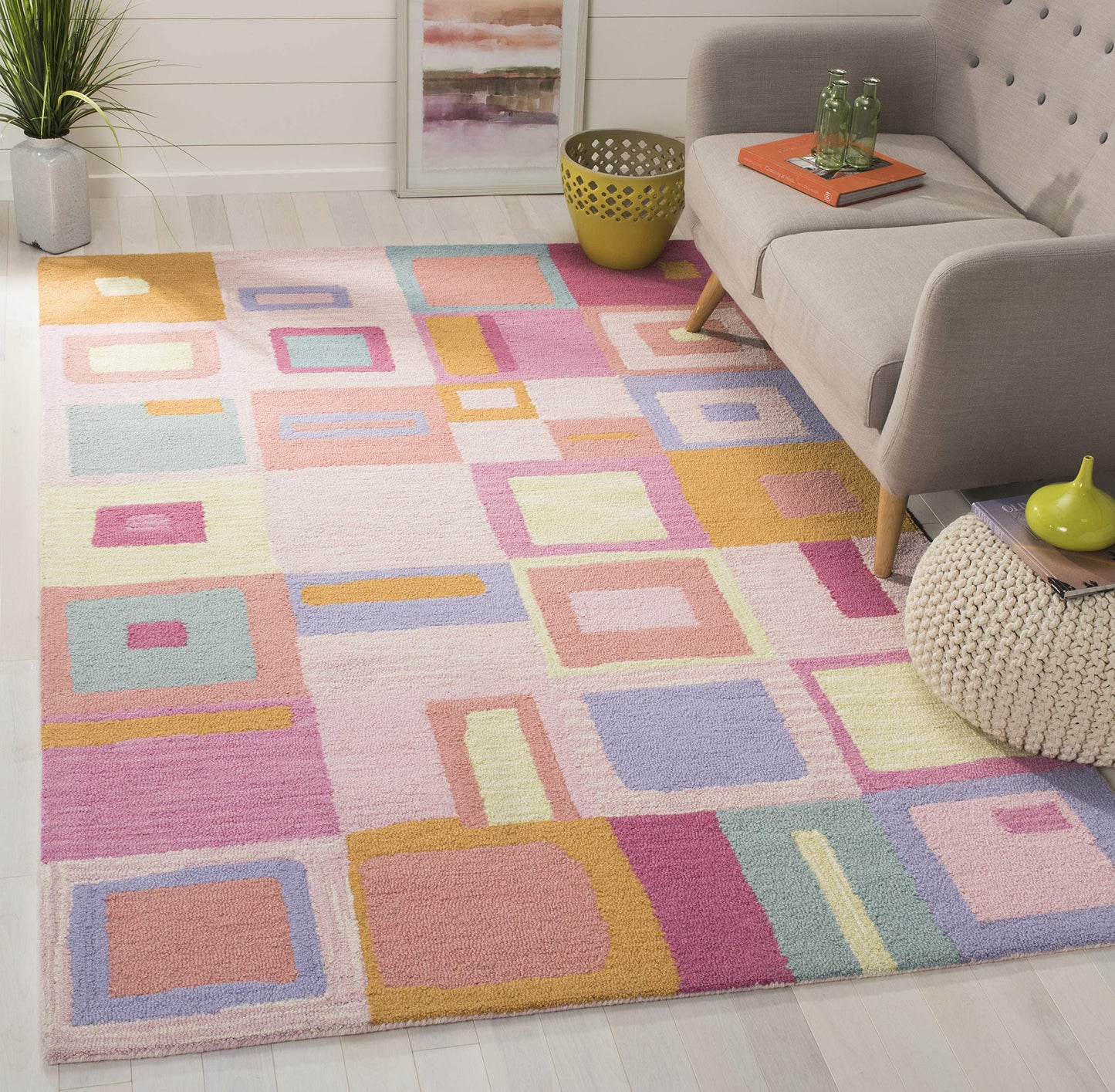SAFAVIEH Kids Collection Area Rug - 5' x 8', Pink & Multi, Handmade Wool, Ideal for High Traffic Areas in Living Room, Bedroom (SFK317A)