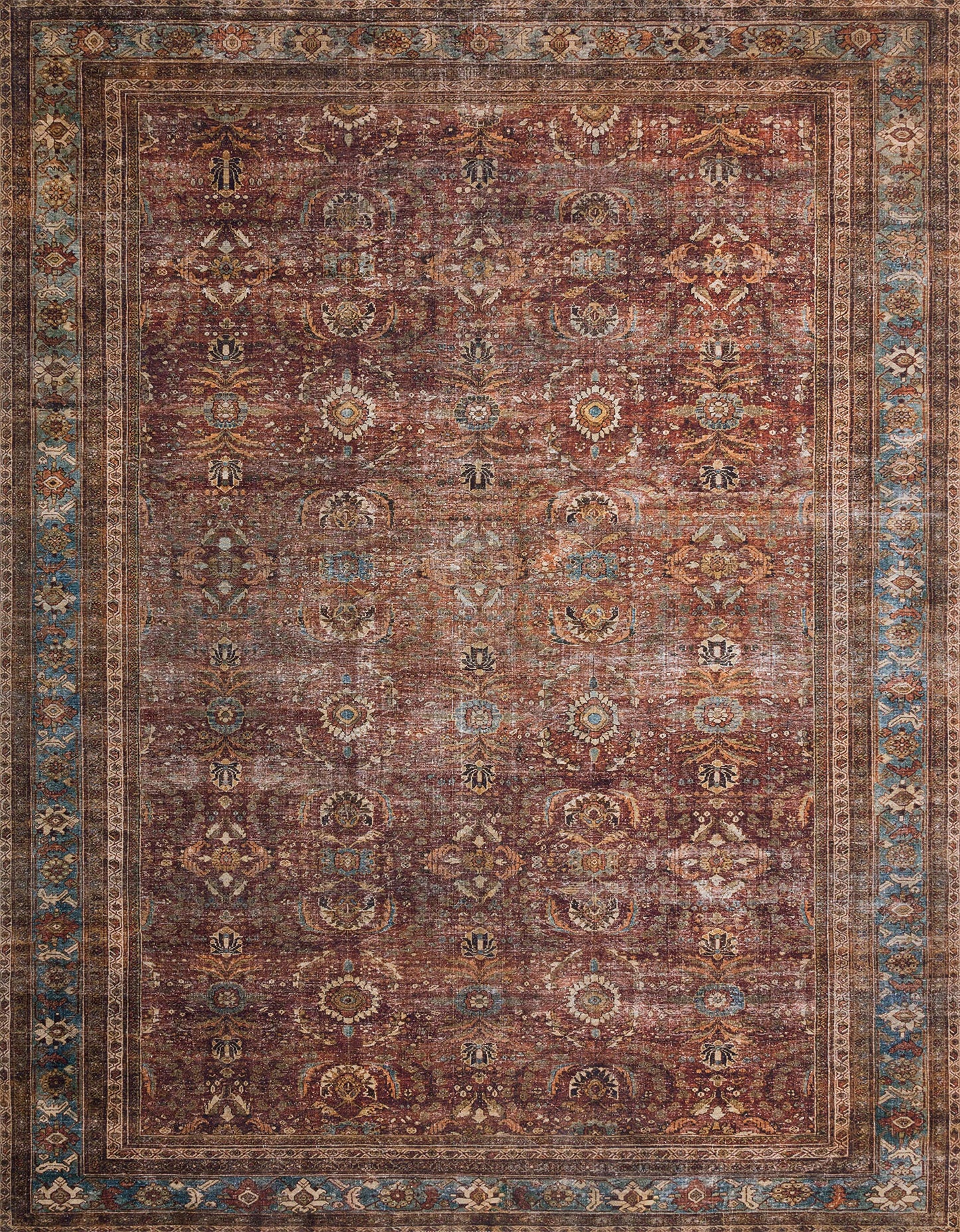 Loloi Layla Collection LAY-01 Brick/Blue 7'-6" x 9'-6" .13" Thick Area Rug, Soft, Durable, Vintage Inspired, Distressed, Low Pile, Non-Shedding, Easy Clean, Printed, Living Room Rug