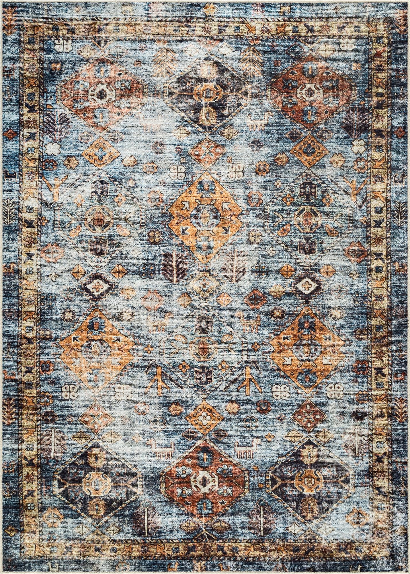 Bloom Rugs Washable Non-Slip 5' x 7' Rug - Blue/Orange Traditional Bordered Area Rug for Living Room, Bedroom, Dining Room, and Kitchen - Exact Size: 5' x 7'