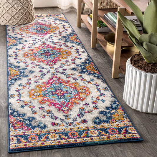 JONATHAN Y Boho Vintage Blue/Multi Runner Rug, 2x18, Bohemian Flair Medallion, Floral Easy-Cleaning High Traffic for Living Room, Bedroom, Kitchen, Pet-Friendly, Non Shedding (BMF106A-218)