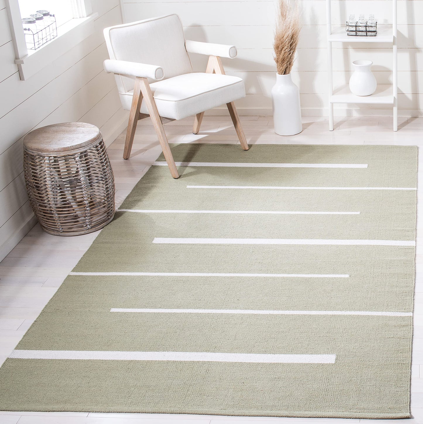 SAFAVIEH Montauk Collection Accent Rug - 4' x 6', Light Green & Ivory, Handmade Flat Weave Boho Farmhouse Cotton Modern Stripe, Ideal for High Traffic Areas in Entryway, Living Room, Bedroom (MTK311J)