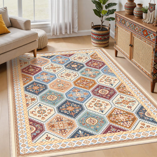 TTelephant 4x6 Area Rug, Soft Non-Slip Boho Moroccan Rug, Low-Pile Printed Indoor Washable Area Rugs for Living Room, Bedroom Bedside, Entryway, Kitchen - Multi