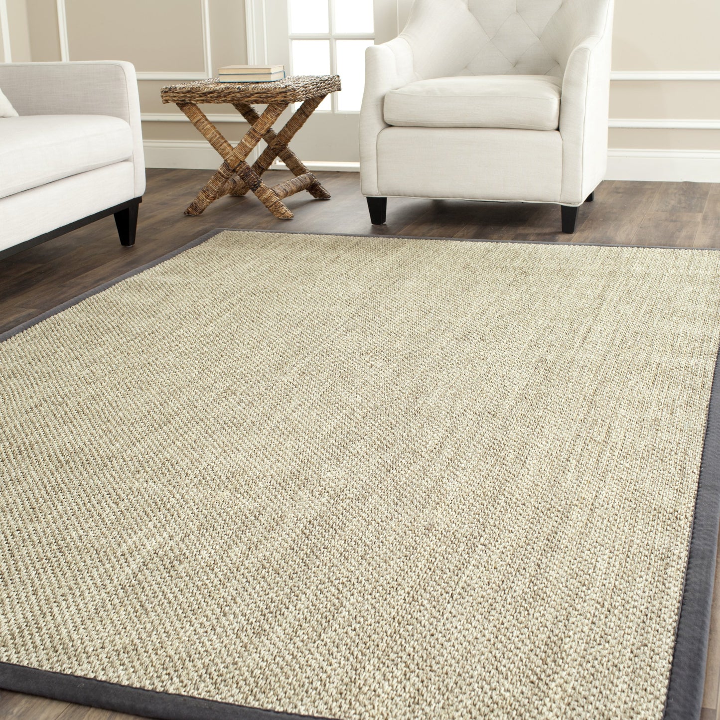 SAFAVIEH Area Rug 6' Square - Natural Fiber Collection - Marble & Grey, Sisal, Woven Design with Border (NF443B)