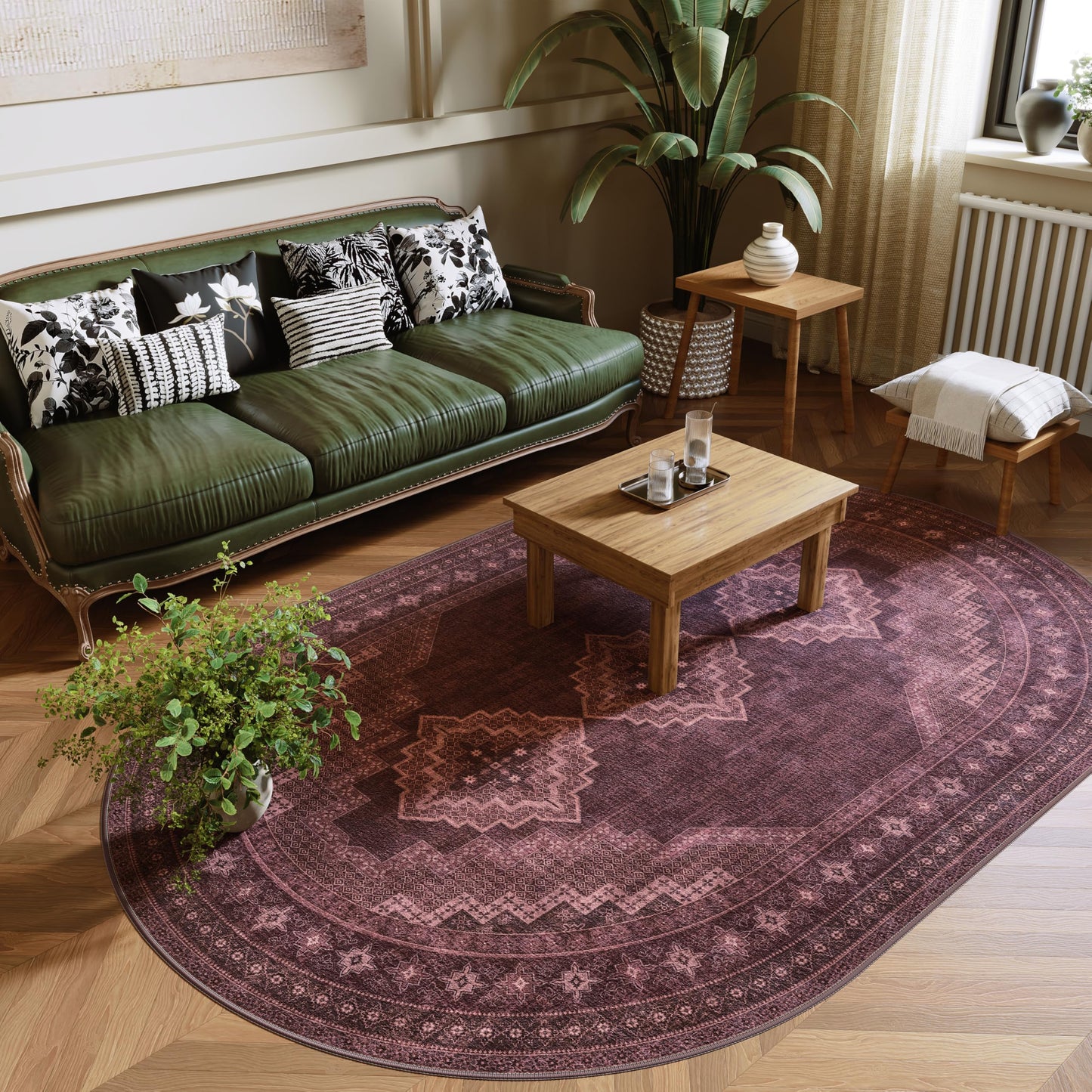 Clemile 4x6 Oval Rug - Washable Ultra-Thin Living Room Rug Vintage Non-Slip Carpets - Soft & Stain Resistant Rug for Kitchen Bedroom Dining Room Living Room Red Burgundy