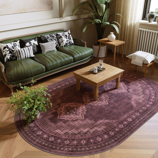 Clemile 4x6 Oval Rug - Washable Ultra-Thin Living Room Rug Vintage Non-Slip Carpets - Soft & Stain Resistant Rug for Kitchen Bedroom Dining Room Living Room Red Burgundy